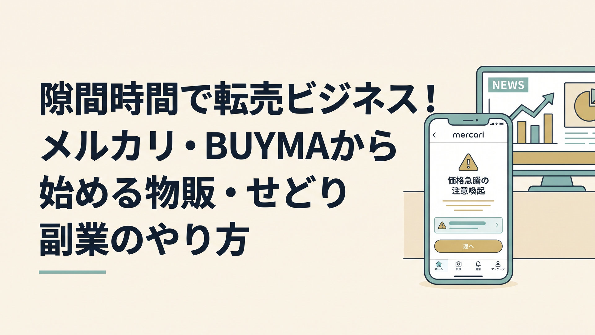 スマートフォンに表示されたメルカリアプリの「価格急騰の注意喚起」画面と、背景のニュース番組モニター