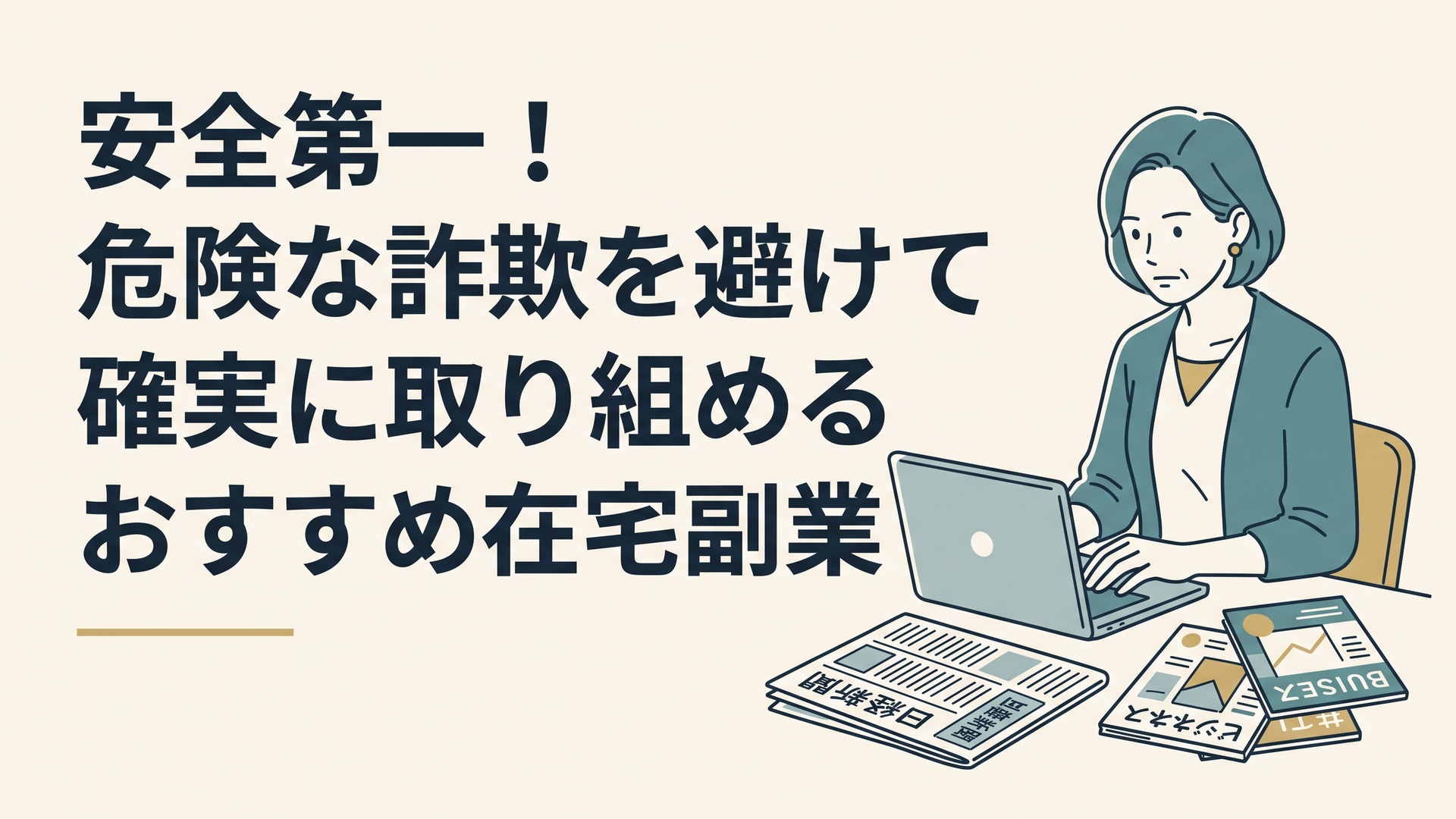 日経新聞やビジネス雑誌が広げられたデスクで、真剣な表情でパソコンに向かって作業する40代女性