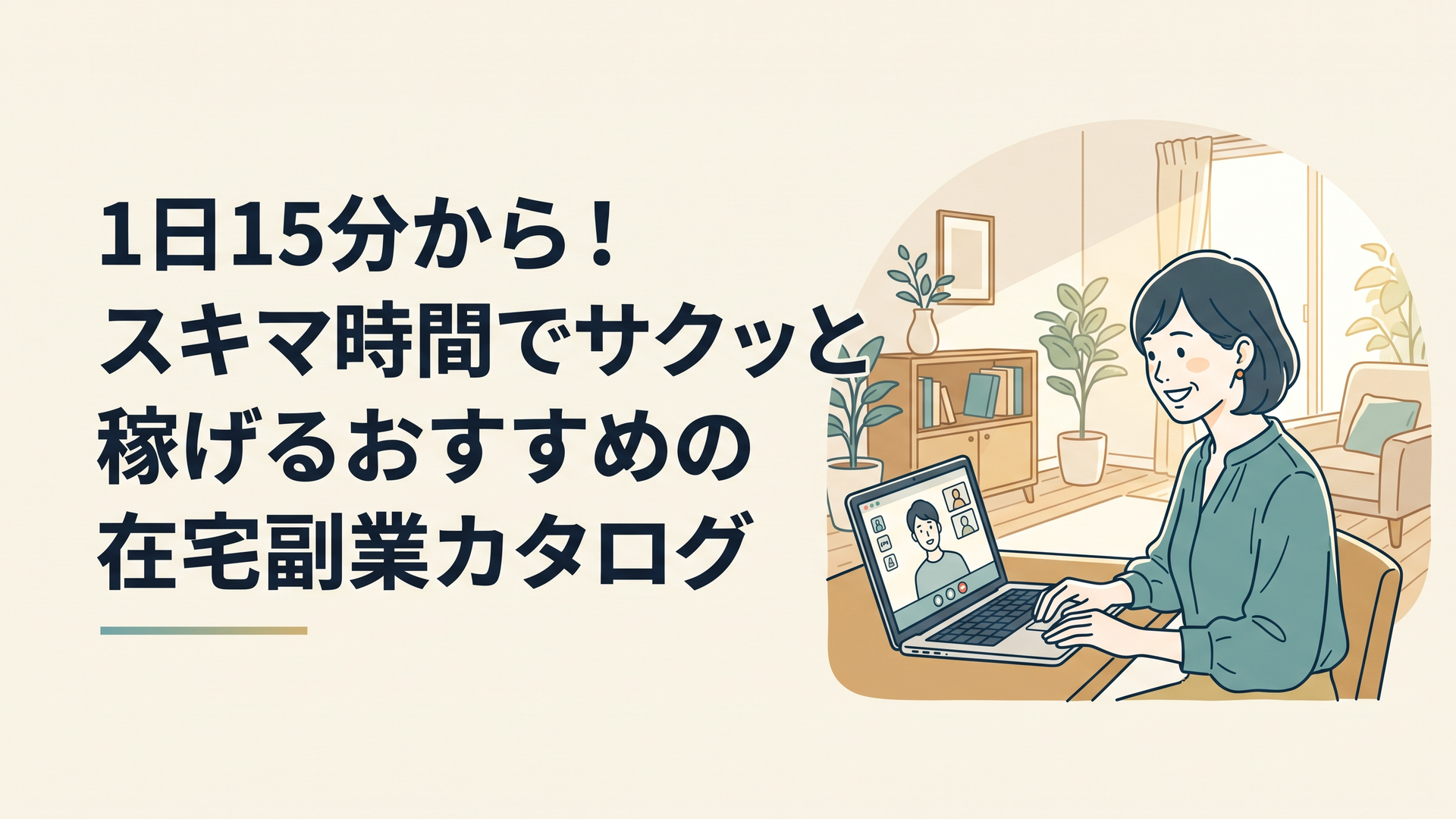 自宅の明るいリビングで、ノートパソコンを開きながらオンライン通話で笑顔を見せている40代女性