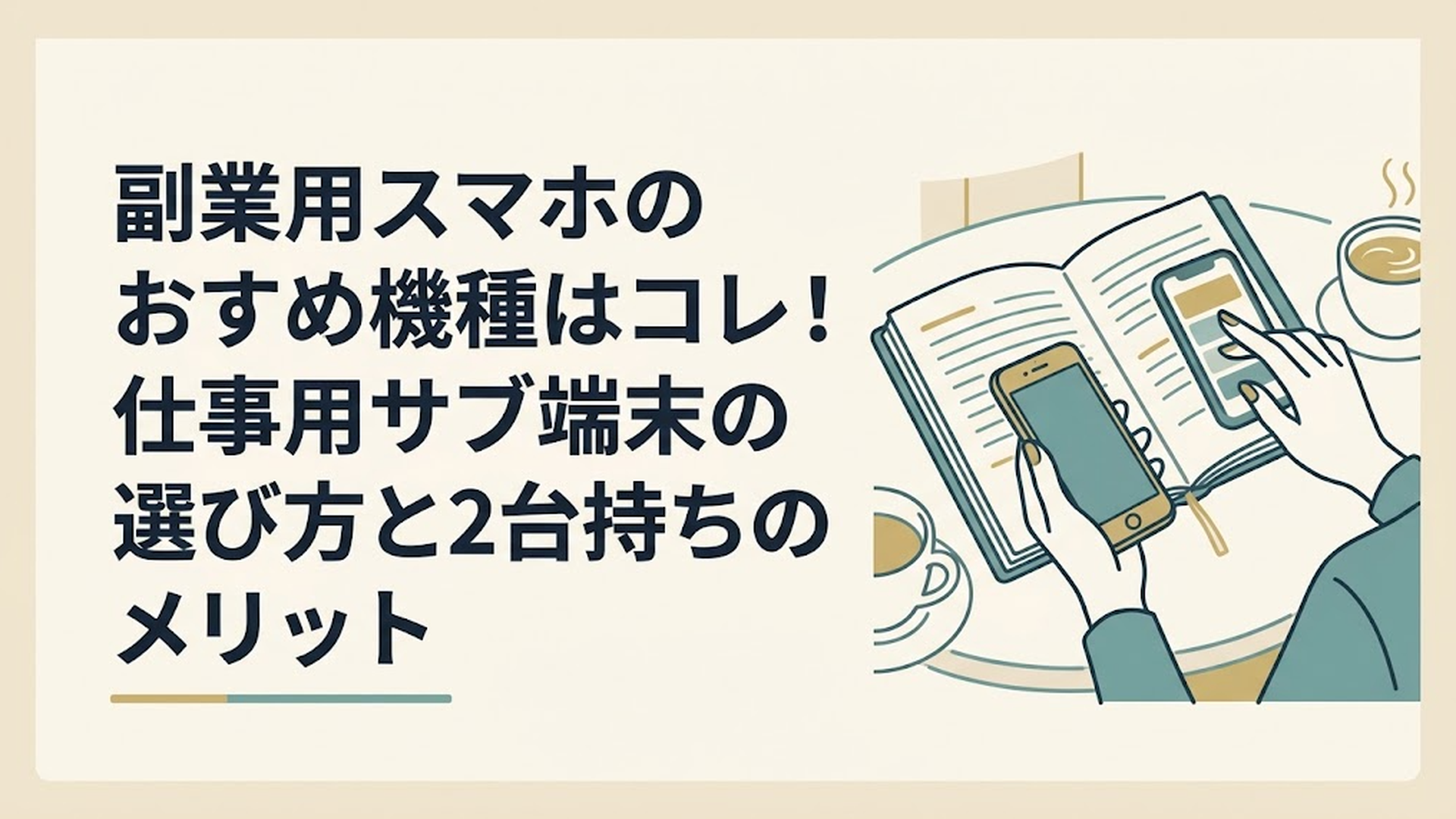 カフェで手帳を広げながら2台のスマートフォンを操作している女性の手元