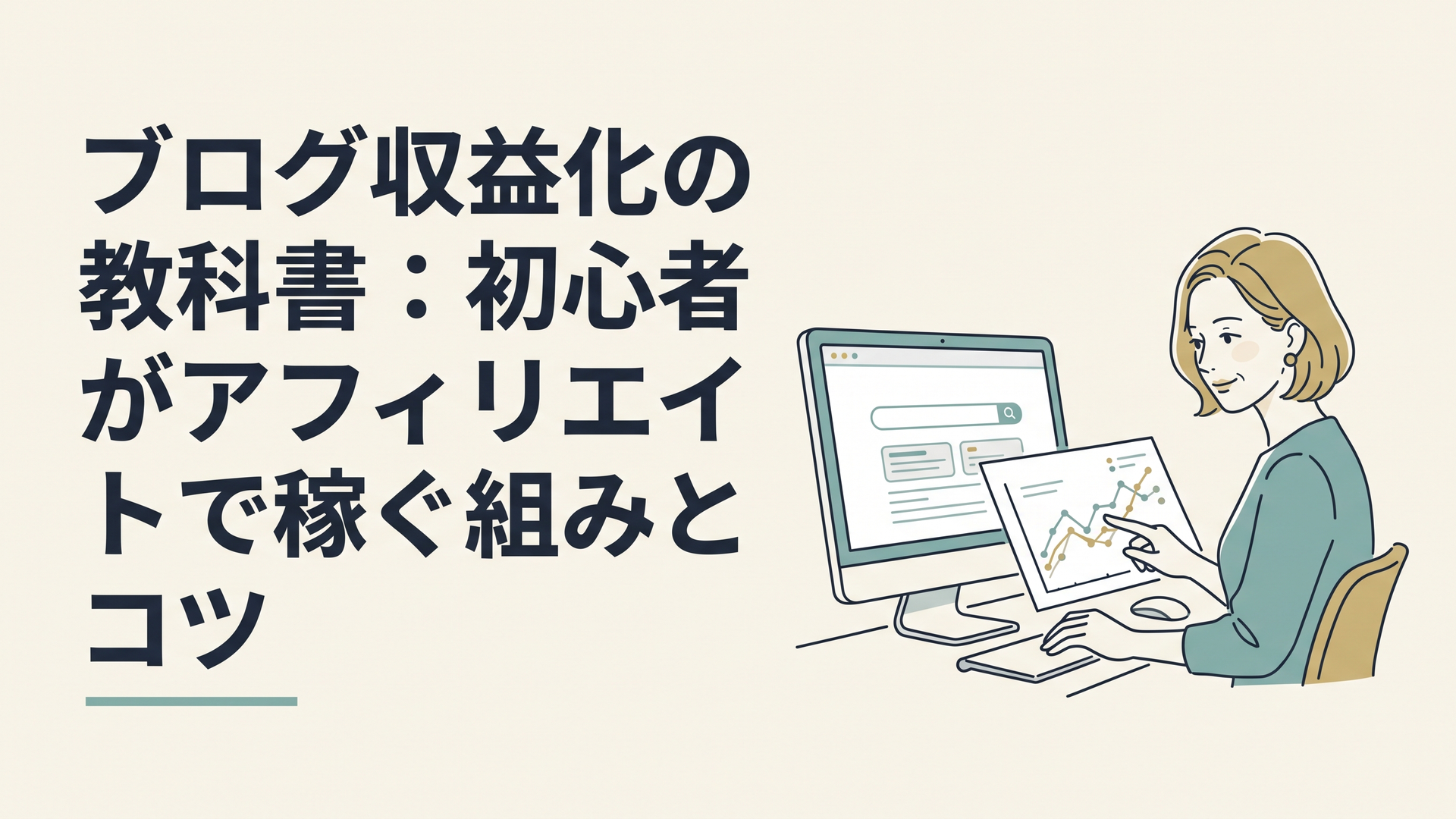 最新のAI検索画面が映るパソコンモニターの横で、Googleのアルゴリズム変動データを示すグラフを確認している40代女性