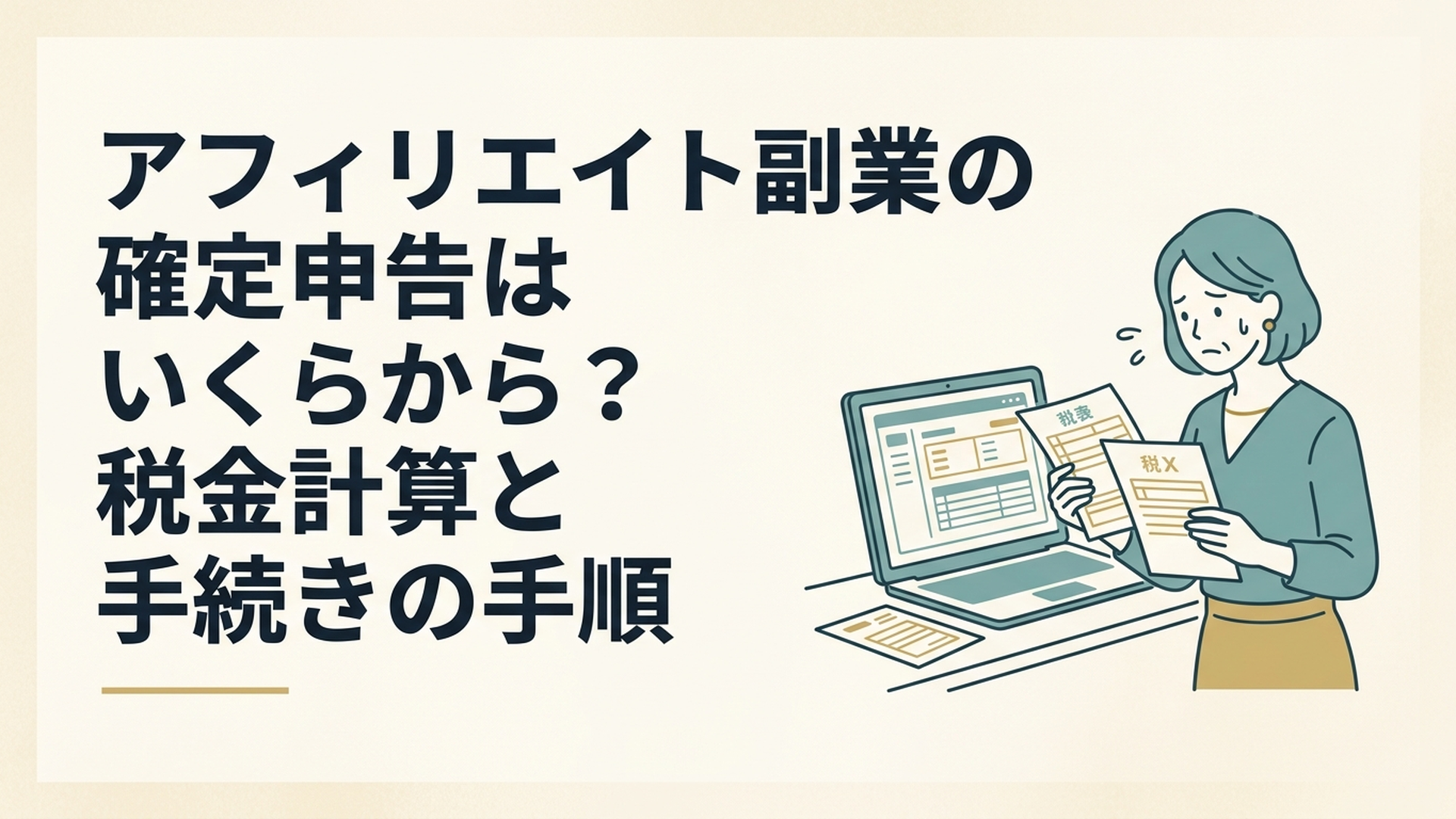不安そうに確定申告の書類とパソコンの画面を見比べる40代女性