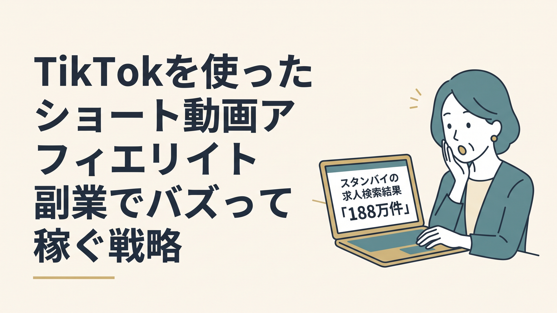 ノートパソコンの画面でスタンバイの求人検索結果「188万件」を見て驚く40代女性の姿