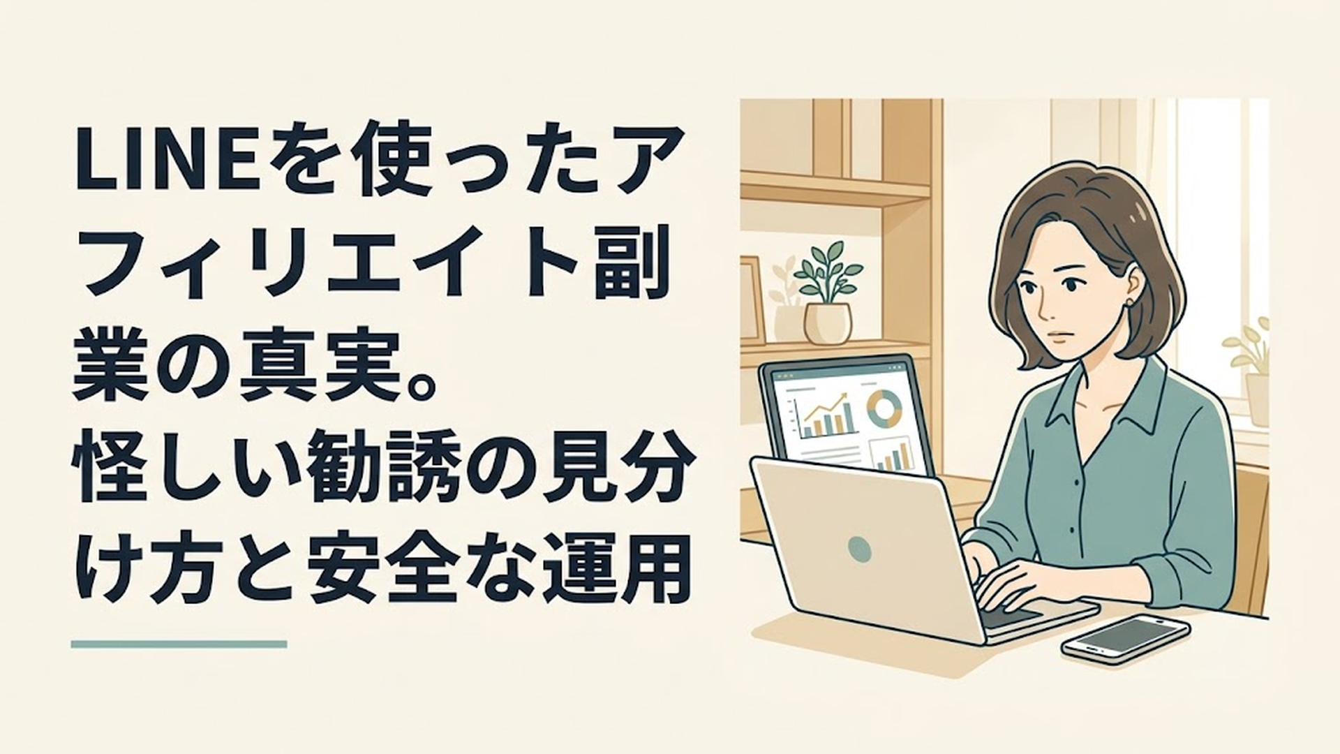 真剣な表情でノートパソコンの画面を見つめる40代女性。画面にはデータグラフが映り、傍らにはスマートフォンが置かれている、清潔感のある明るい書斎の風景。
