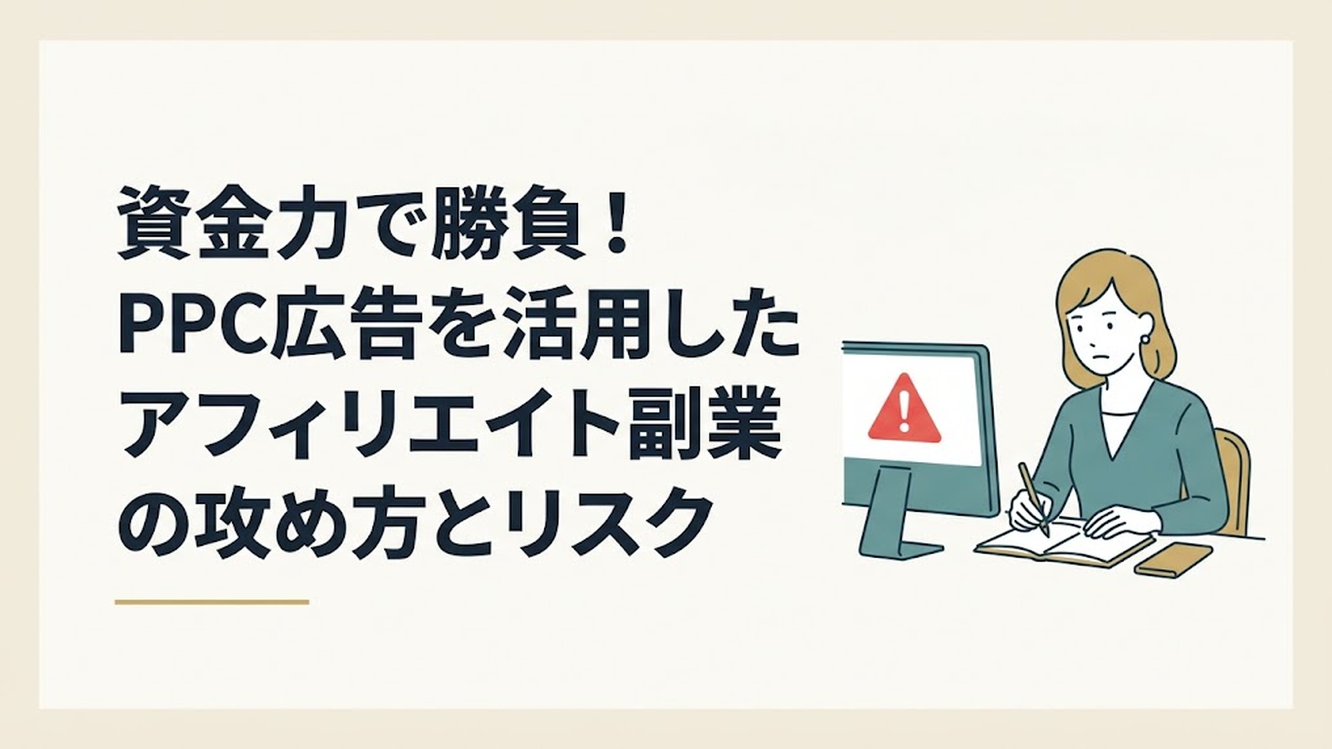 パソコンの画面に赤い警告マークが表示され、その横で真剣な表情でノートに書き込みをする女性の落ち着いたデスク風景