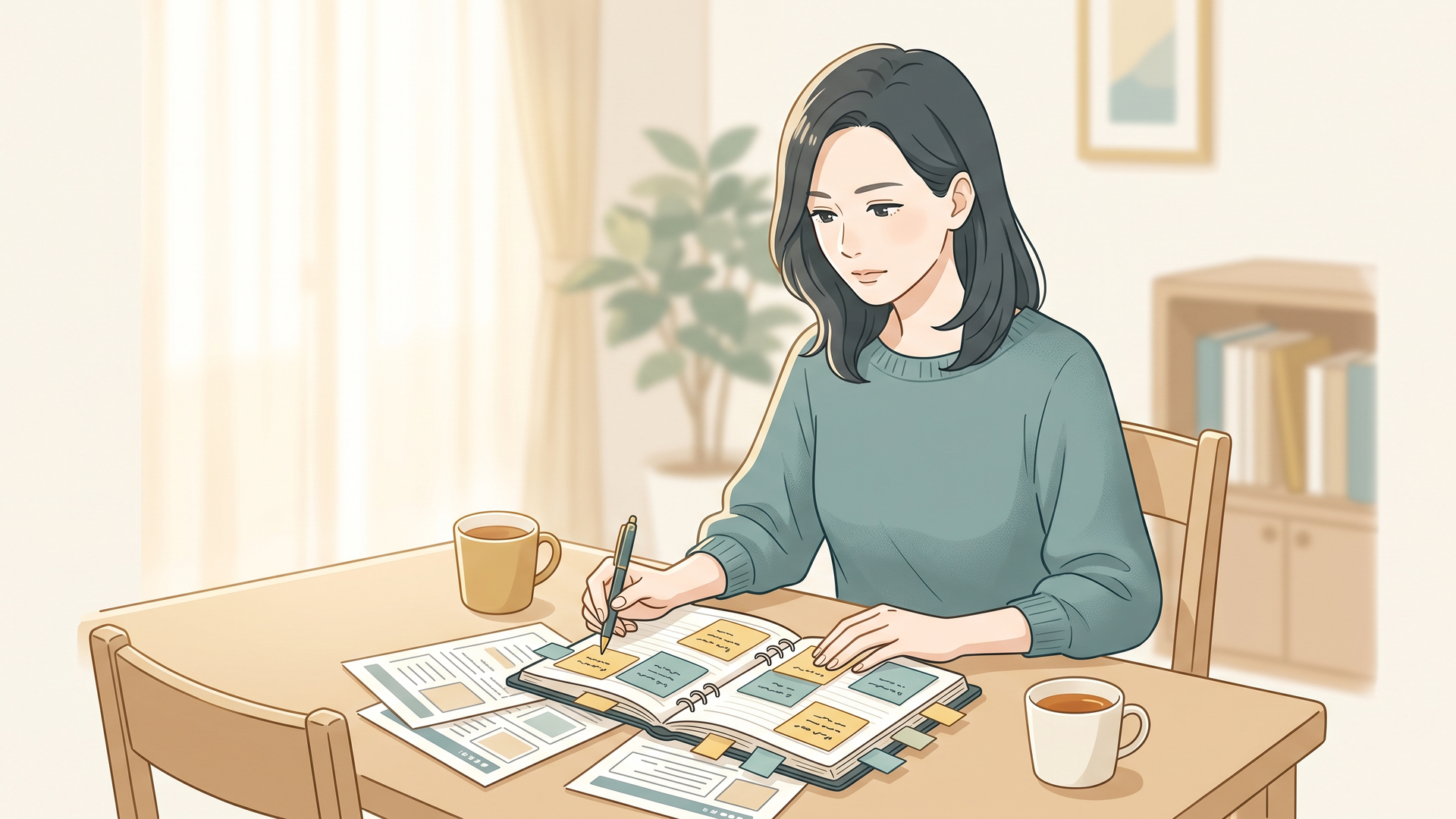 自宅のダイニングテーブルで、付箋を貼った手帳を開きながら真剣な表情で求人情報を探している40代女性