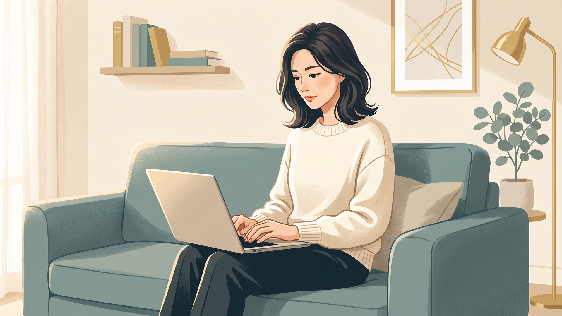 リビングのソファに深く腰掛け、膝の上に置いたノートパソコンで真剣な表情でタイピングをしている40代女性