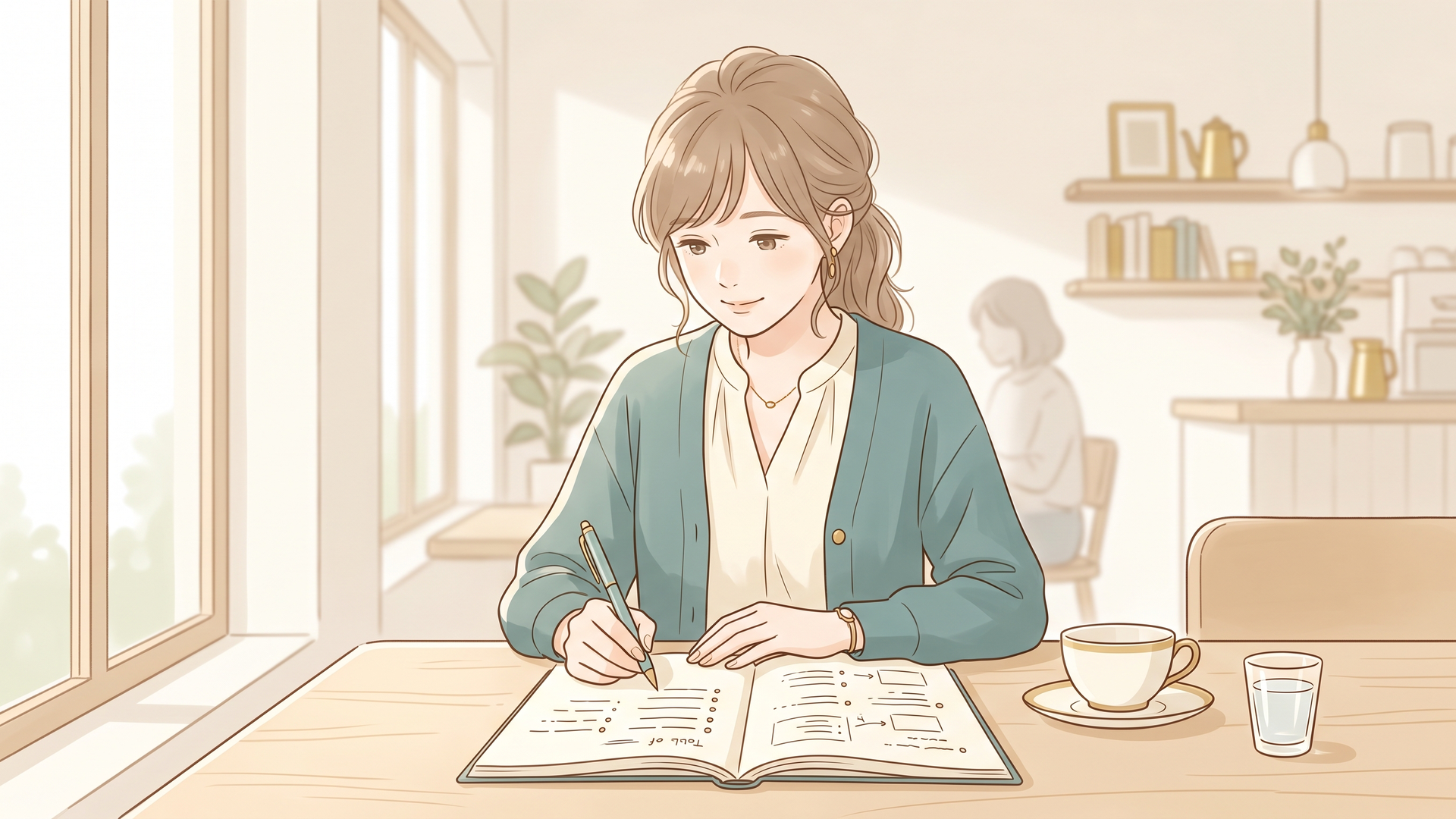 カフェのテーブルでノートを広げ、本の目次構成やアイデアをペンで書き出している様子